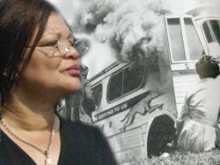 Alveda King and a picture of Freedom Riders who were attacked for riding a bus in Alabama.