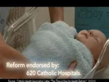 An image from the Catholics United TV ad in support of the Senate health care bill.