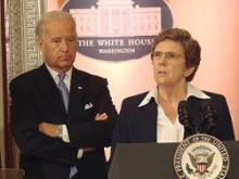 Vice President Joseph Biden listens as Sr. Carol Keehan announces an agreement to help finance health reform last August. 