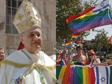 Patriarch Fouad Twal and participants in Jerusalem's gay pride parade.