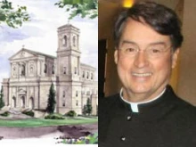 An architectural rendering of St. Gerard's in its new location and Fr. David Dye.