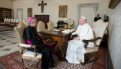 Archbishop Edgar Peña Parra meets with Pope Francis in Vatican City on Aug. 17, 2018.