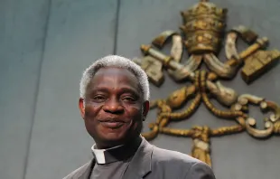 Cardinal Turkson at Vatican Press Office`s conference on upcoming conference for Women and the post-2015 development agenda.   Bohumil Petrik/CNA.