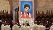 An image of Carlo Acutis was unveiled at his beatification Mass in Assisi, Italy Oct. 10, 2020.