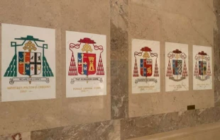 Coats of arms on display in the Cathedral of St. Matthew, Washington, after the removal of the arms of Theodore McCarrick.   Christine Rousselle/CNA