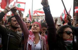 Lebanese protesters chant anti-government slogans in Jal al Dib Oct. 24, 2019.   Patrick Bay/AFP/Getty Images.