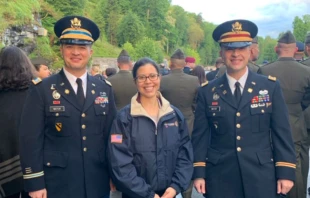 Captain Mark E. Mayor, Malori Mayor, and Captain Matthew N. Mayor, during the International Military Pilgrimage, Lourdes.   CRousselle/CNA 