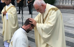 Father Edmond Ilg gives his first blessing to his son, Fr. Philip Ilg, outside Cathedral Basilica of the Sacred Heart in Newark, NJ. Image courtesy of the Ilg family. 