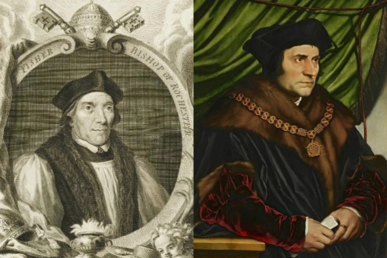 Details from St John Fisher by Jacobus Houbraken (c. 1760), and St Thomas More by Hans Holbein the Younger (1527).