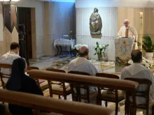 Pope Francis celebrates morning Mass at the Casa Santa Marta April 27, 2020. 