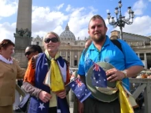 Australian teachers Amy Tabain and Bernie Maginnity in St. Peter's Square after St. Mary of the Cross' canonization