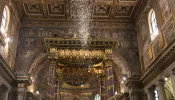 Rose petals fall in St. Mary Major Basilica Aug. 5, 2017 to commemorate the "miracle of the snow."