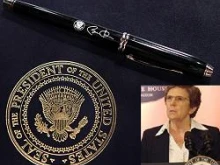 Presidential pen. Inset: Sr. Carol Keehan