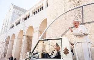 Pope Francis waves from the popemobile in Bari, Italy Feb. 23, 2020.   Daniel Ibanez/CNA.