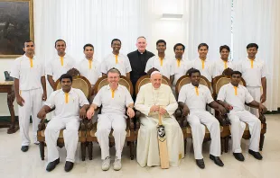 Pope Francis meets with the St. Peter's Cricket Club at the Vatican, Sept. 9, 2014.   L'Osservatore Romano.