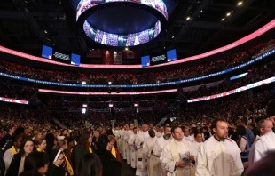 Priests and Catholics at the Youth Mass for Life 2020.   Peter Zelasko/CNA