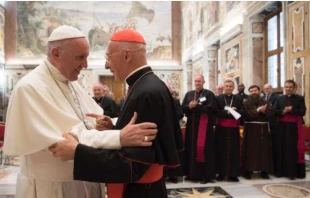 Pope Francis greets Cardinal Angelo Bagnasco at the end of an audience -   Vatican Media /  ACI Group