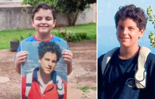 Mattheus (left) holds a photo of Carlo Acutis (right), whose prayers are attributed with the boy's healing. Campo Grande News