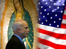 Sen. John McCain in front of the image of Our Lady of Guadalupe