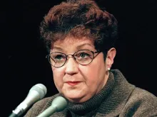 Norma McCorvey testifies before a US Senate Judiciary Committee subcommittee during hearings on the 25th anniversary of Roe v. Wade on Capitol Hill in Washington, DC. 