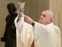 Pope Francis celebrates Mass May 1, 2020, with a statue of St. Joseph in the background. 