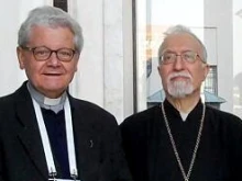 Monsignor Giuseppe Ghiberti, the President of the Diocesan Commission for the Shroud, and Patriarch Nerses Bedros XIX.