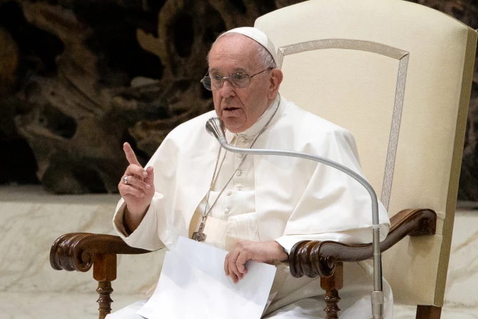 Pope Francis speaks during his general audience in Paul VI Hall on Aug. 3, 2022.