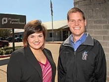 Abby Johnson with Shawn Carney of Coalition for Life outside the Planned Parenthood clinic where she worked.