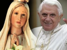 A statue of Our Lady of Fatima and Pope Benedict. 