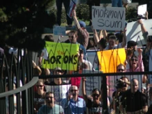 Demonstrators outside of the Mormon temple in Los Angeles. Photo 