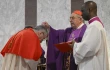 Cardinal Angelo De Donatis sprinkles ashes during the celebration of Mass on Ash Wednesday, March 5, 2025, at the Basilica of Santa Sabina located on Rome’s Aventine Hill.