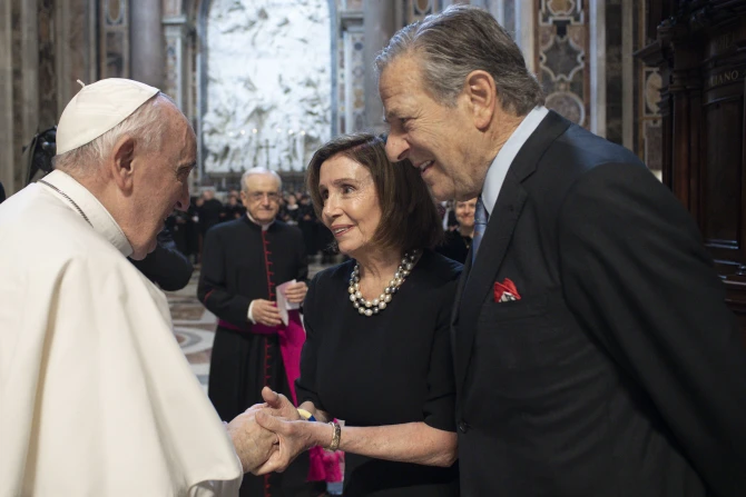 Pope Francis speaks to House Speaker Nancy Pelosi and Paul Pelosi on June 29, 2022.