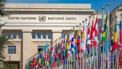 United Nations Building and the flags in Geneva Switzerland.