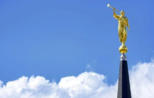 Image of Moroni on top of a Mormon temple.   Bruce Peter/Shutterstock.