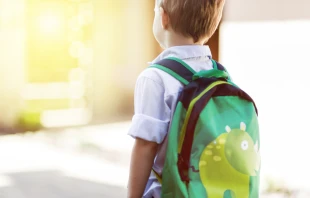 Child with schoolbag at home.   Shutterstock