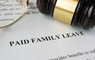 Page with title Paid family leave and gavel. Via Shutterstock 