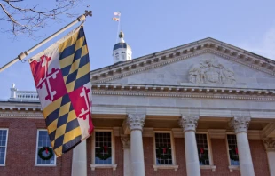 flag outside the north entrance of the Maryland State House in Annapolis, MD. Via Shutterstock 