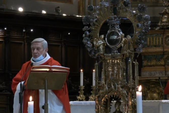 The reliquary of St. Januarius at Mass in Naples Cathedral, Italy, Dec. 16, 2021