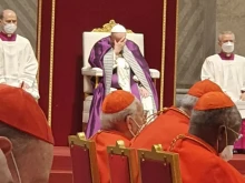 Pope Francis prays during the penitential service at St. Peter's Basilica, March 25, 2022.