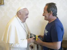 Pope Francis meets with Beniamino Zuncheddu at the Vatican on Aug. 23, 2024. Zuncheddu, who was wrongly imprisoned for 33 years after being falsely accused of the triple homicide of three shepherds in 1991, had his conviction overturned and was released from prison.