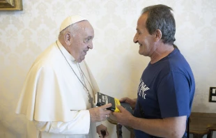 Pope Francis meets with Beniamino Zuncheddu at the Vatican on Aug. 23, 2024. Zuncheddu, who was wrongly imprisoned for 33 years after being falsely accused of the triple homicide of three shepherds in 1991, had his conviction overturned and was released from prison. Credit: Vatican Media