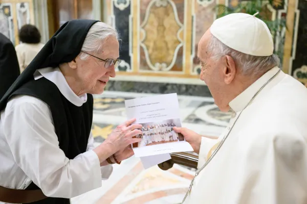 Mother Martha Driscoll meets Pope Francis during the plenary meeting of the Dicastery for Clergy on June 6, 2024. She told the pope the sisters of the Monastery of Gedono were praying for him ahead of his trip to Indonesia Sept. 3-6, 2024. Credit: Vatican Media