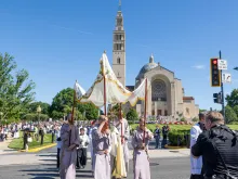 The Seton Route of the National Eucharistic Pilgrimage makes it way from the Basilica of the National Shrine of the Immaculate Conception toward the Brentwood neighborhood of Washington, D.C.