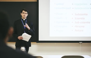 Father Andrew Liaugminas, a priest of the Archdiocese of Chicago and a recent appointee to the Congregation for the Doctrine of the Faith, teaches a class at Mundelein Seminary. Credit: Mundelein Seminary. null