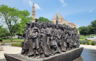 "Angels Unawares," a work by Timothy Schmalz on The Catholic University of America's campus, depicts 140 immigrants. Credit: Peter Pinedo/CNA