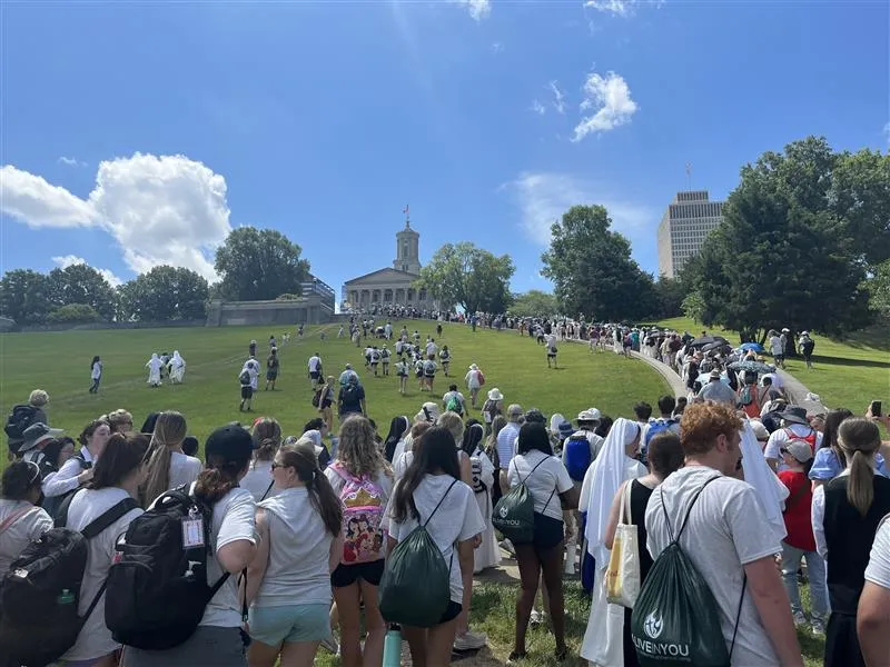 Participants in the Eucharistic procession walk up Capitol Hill, near the Tennessee State Capitol, in Nashville, Tennessee, on June 28, 2024.?w=200&h=150