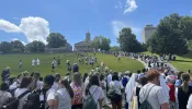 Participants in the Eucharistic procession walk up Capitol Hill, near the Tennessee State Capitol, in Nashville, Tennessee, on June 28, 2024.