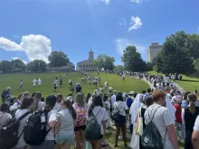 Participants in the Eucharistic procession walk up Capitol Hill, near the Tennessee State Capitol, in Nashville, Tennessee, on June 28, 2024.