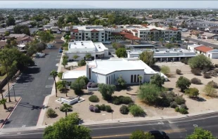 A rendering at St. Raphael Catholic Church in Glendale, outside of Phoenix where Acanthus Development is set to build senior living. Credit: Acanthus Development