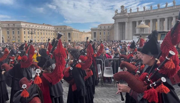 Bagpipers play to honor the Spanish Franciscans canonized among the Damascus martyrs at the Vatican on Sunday, Oct. 20, 2024. Credit: Courtney Mares